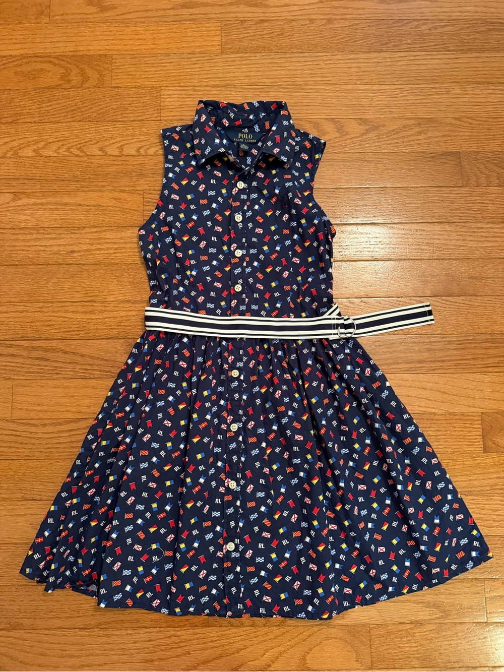 Polo Ralph Lauren Girls Navy Nautical Call Flag Print Dress with Belt